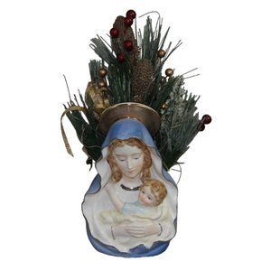 Vintage Christmas Virgin Mary Baby Jesus Madonna Ceramic Planter Greenery Decor